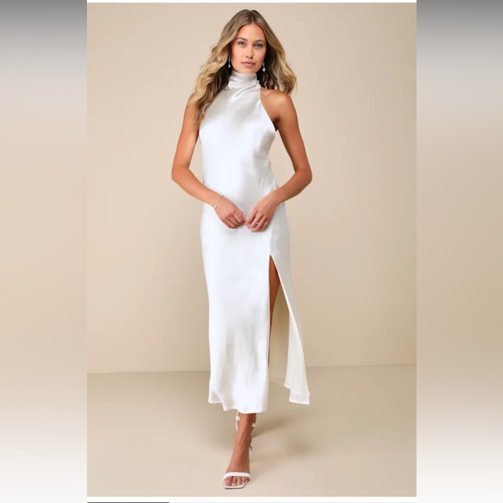 Exceptional Status Ivory Halter Backless Slip Midi Dress